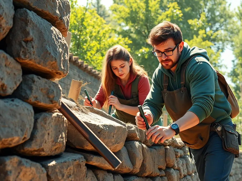 A photograph of volunteers working together to restore a section of an old stone wall at a historical site, showcasing community involvement.
