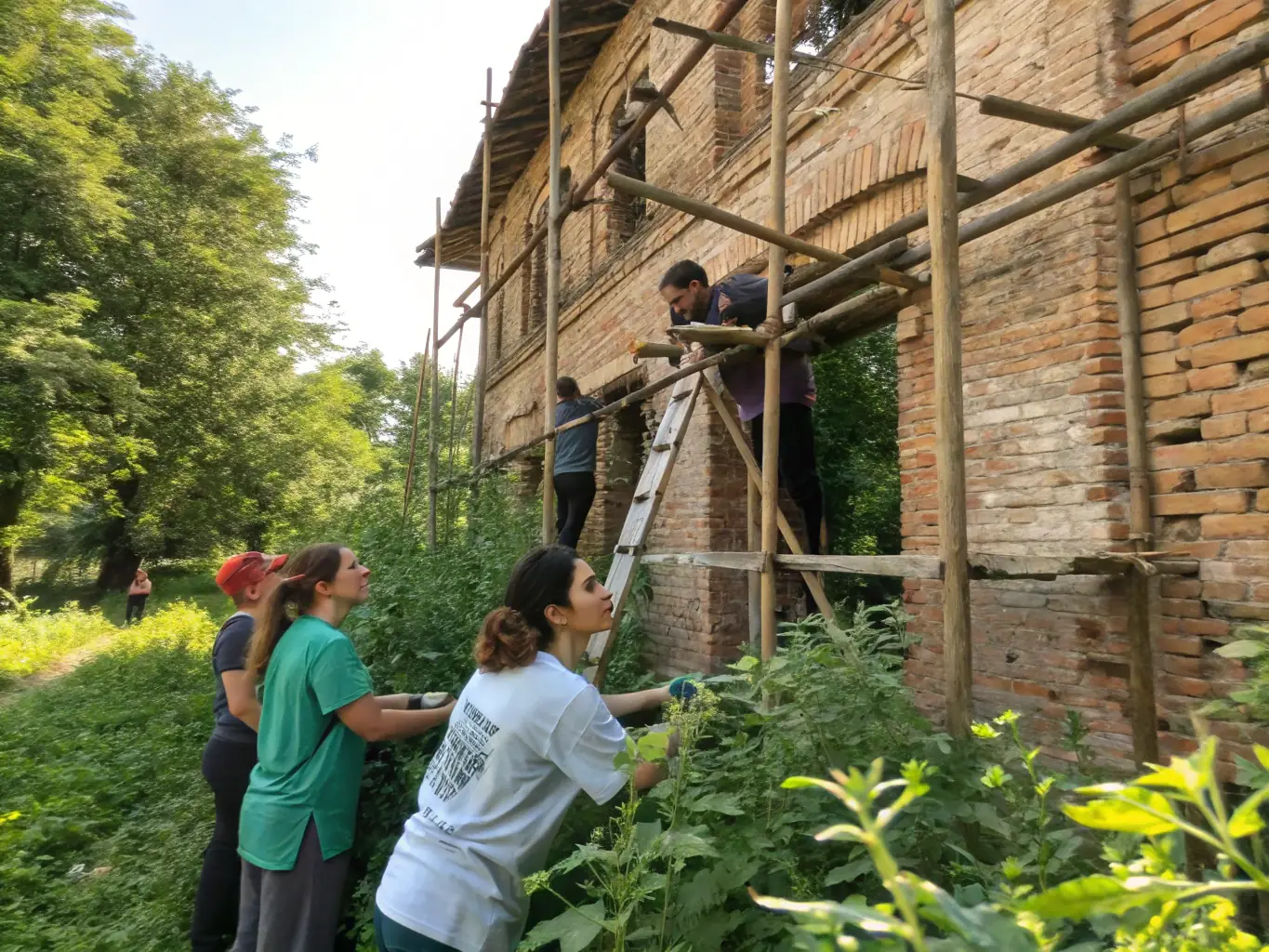 A photograph of volunteers working on the restoration of a historic building, highlighting the community involvement in SPA RHONE ET DURANCE's preservation efforts.