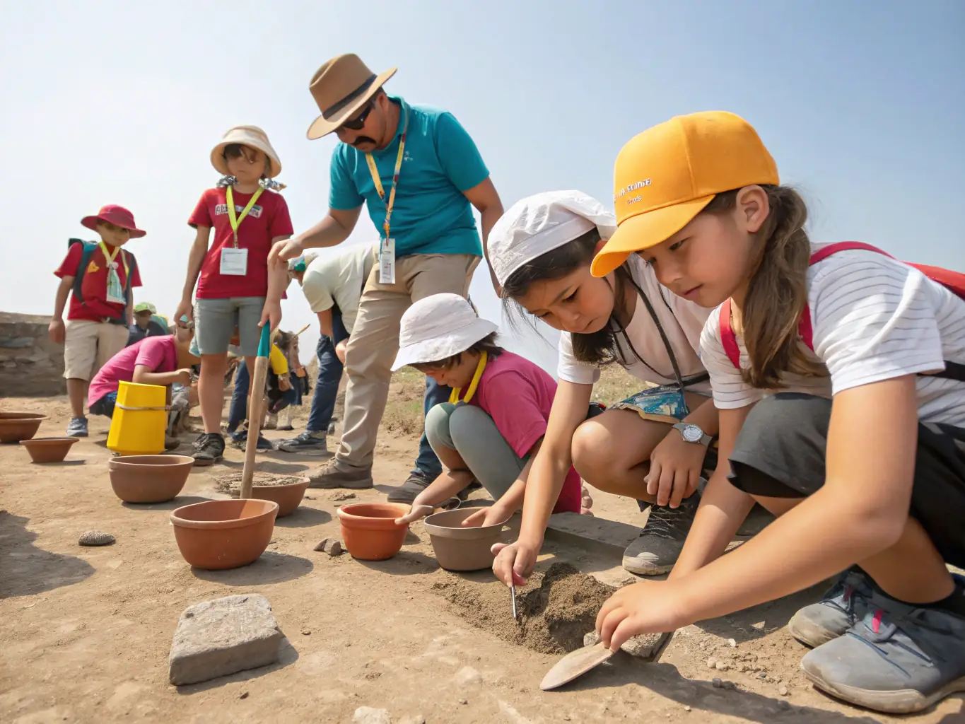 A group of children participating in an outdoor archeological dig at a historical site managed by SPA RHONE ET DURANCE, supervised by experienced archaeologists.